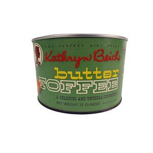 Vintage 1950s Kathryn Beich Bitter Toffee Green Metal Candy Tin Advertising 12oz